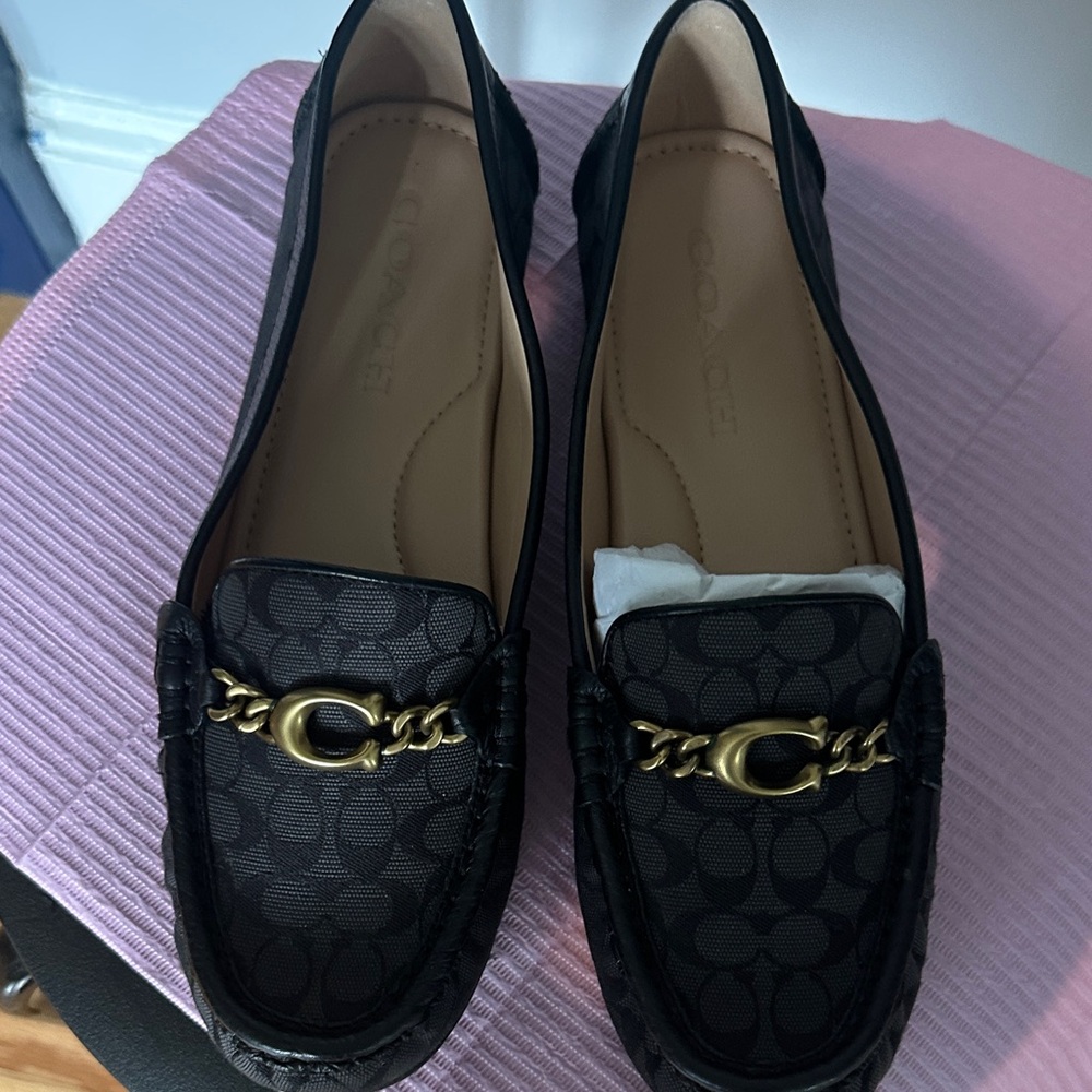 Coach Black Signature Loafers with Gold Chain